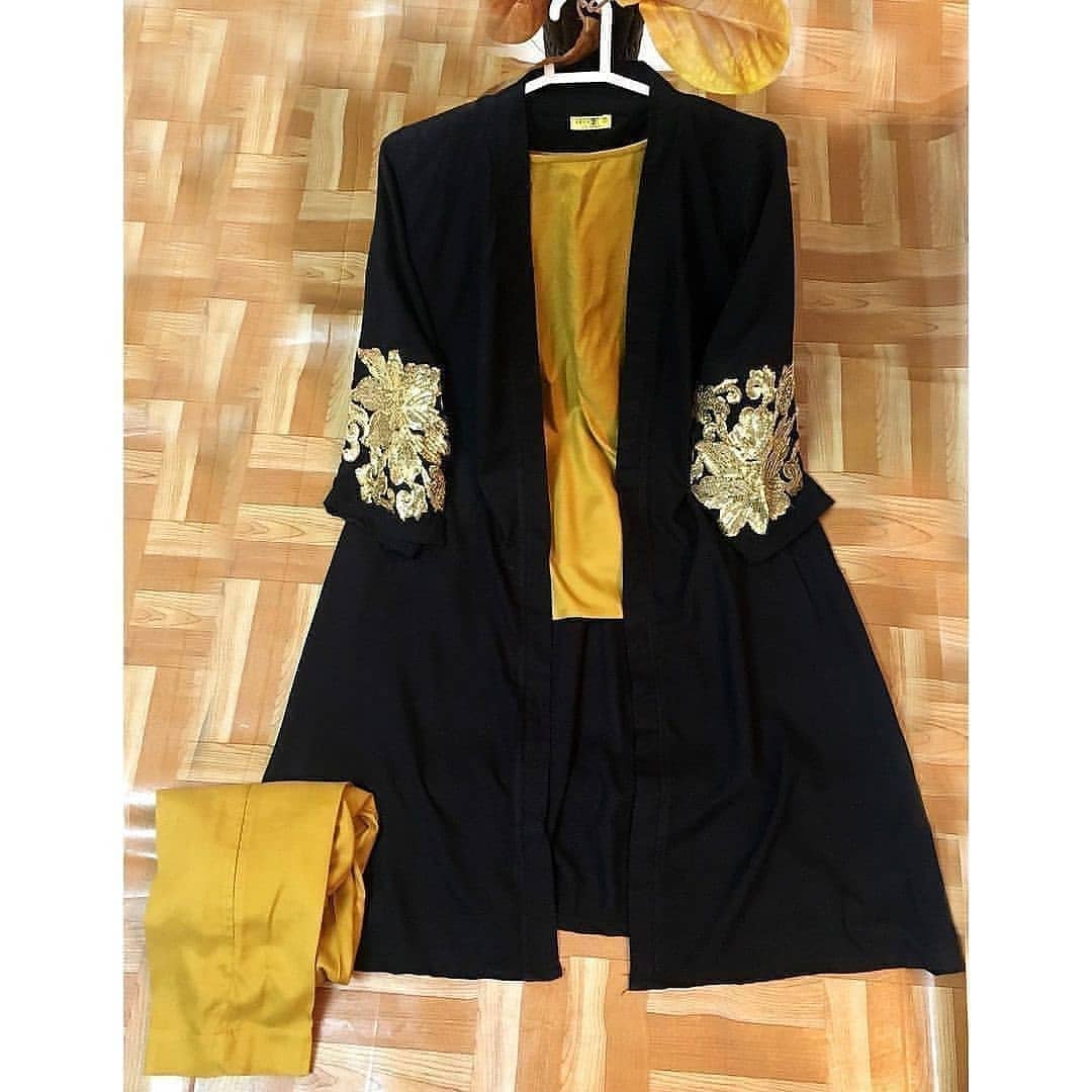 New Yellow Two Piece With Black Embroidery Gown