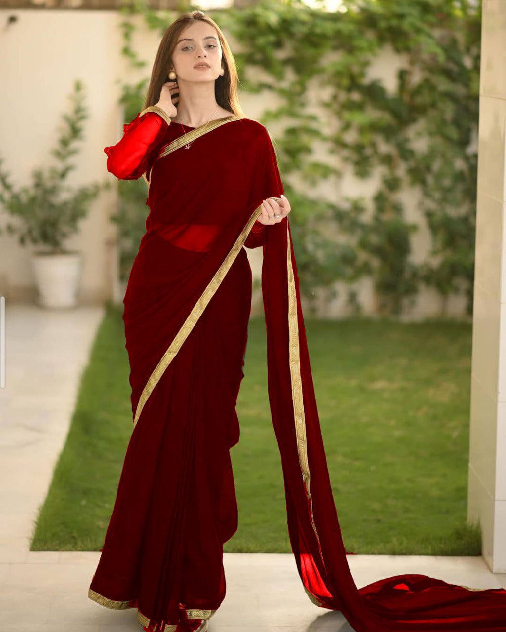 Women's Stitched Lace Work Saree