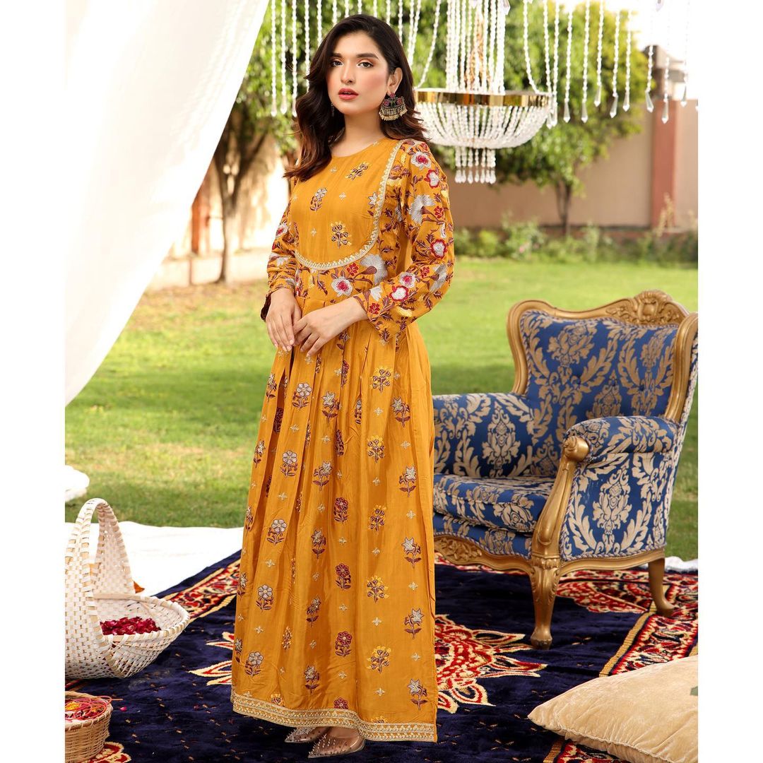 Yellow Multi Flower Embroidery Frock