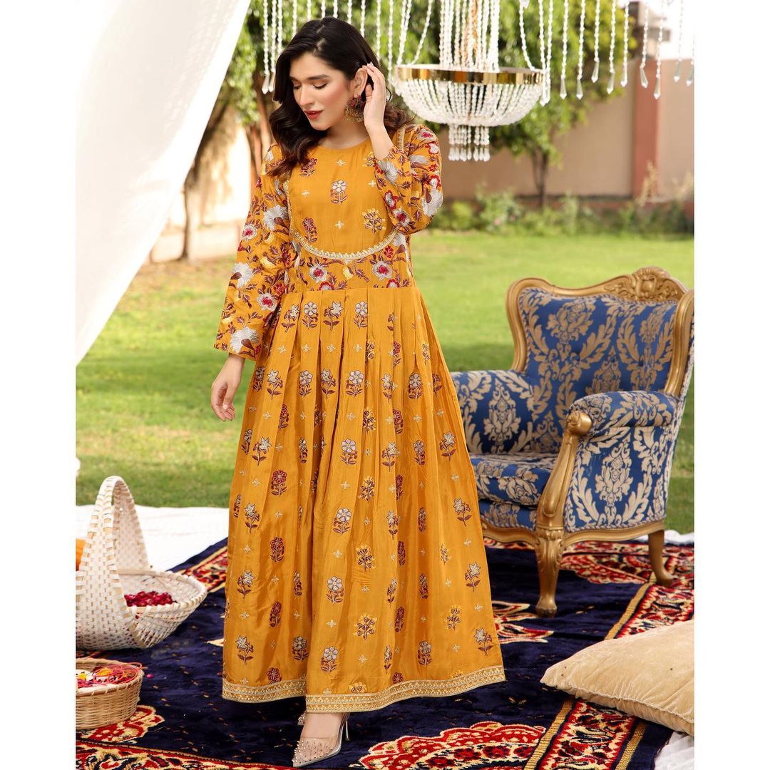 Yellow Multi Flower Embroidery Frock